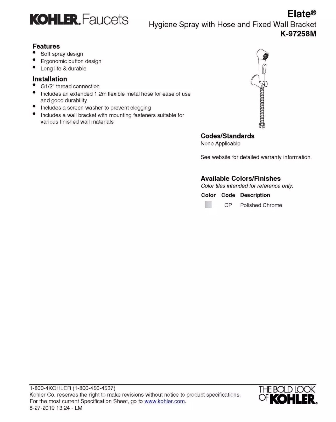 Elate™ - Hygiene Spray With Hose And Fixed Wall Bracket.